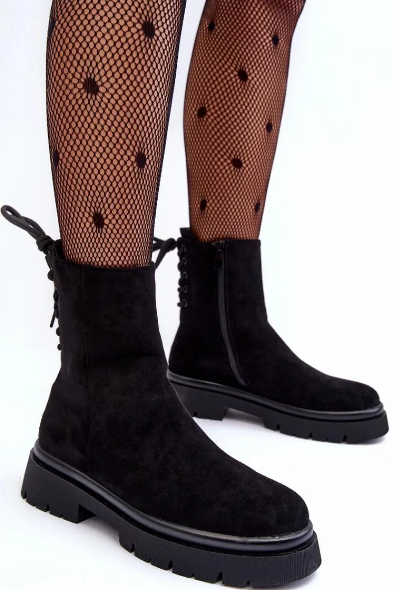 Outlet Zamszowe Botki Na Płaskim Obcasie Sznurowane Czarne Lakyta Damskie Czarne Botki|Botki Płaskie