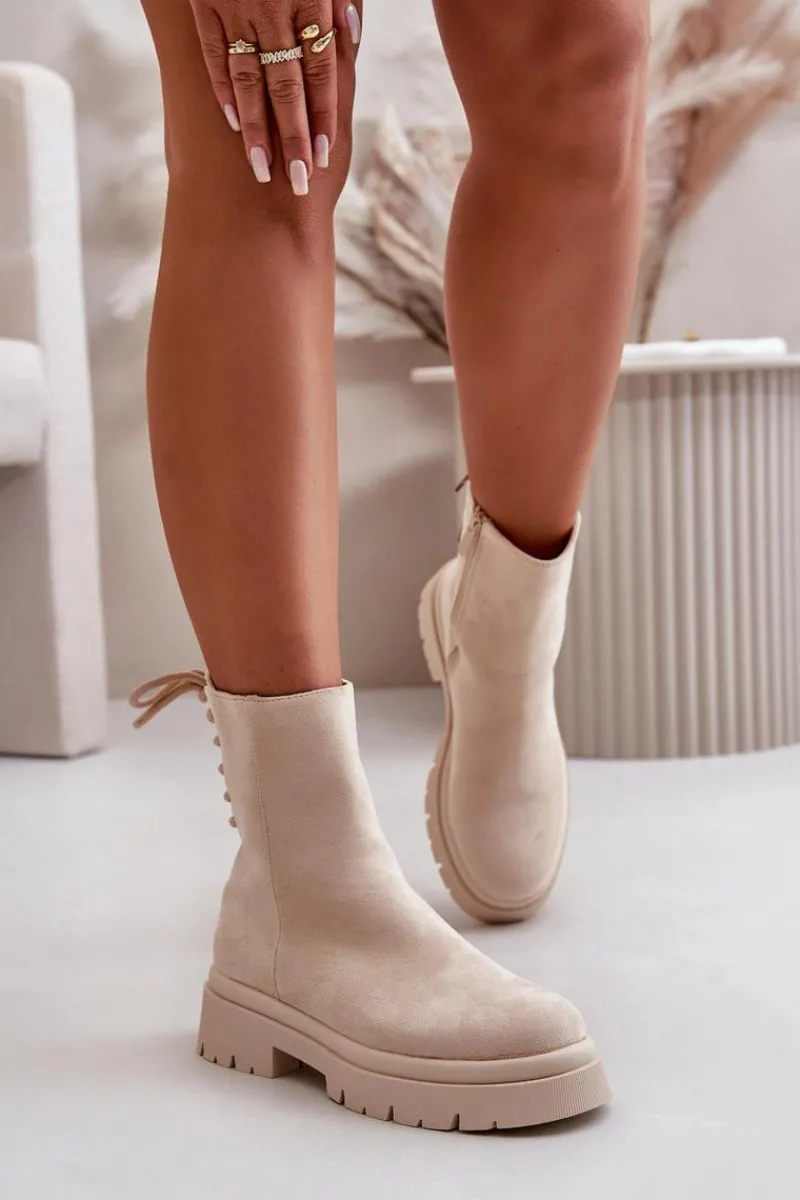 Outlet Boto Zamszowe Botki Na Płaskim Obcasie Sznurowane Beżowe Lakyta