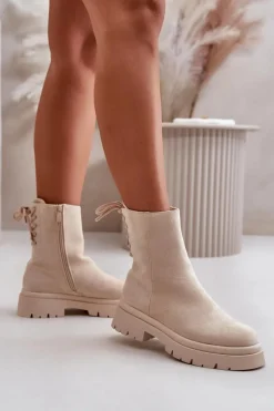 Outlet Boto Zamszowe Botki Na Płaskim Obcasie Sznurowane Beżowe Lakyta