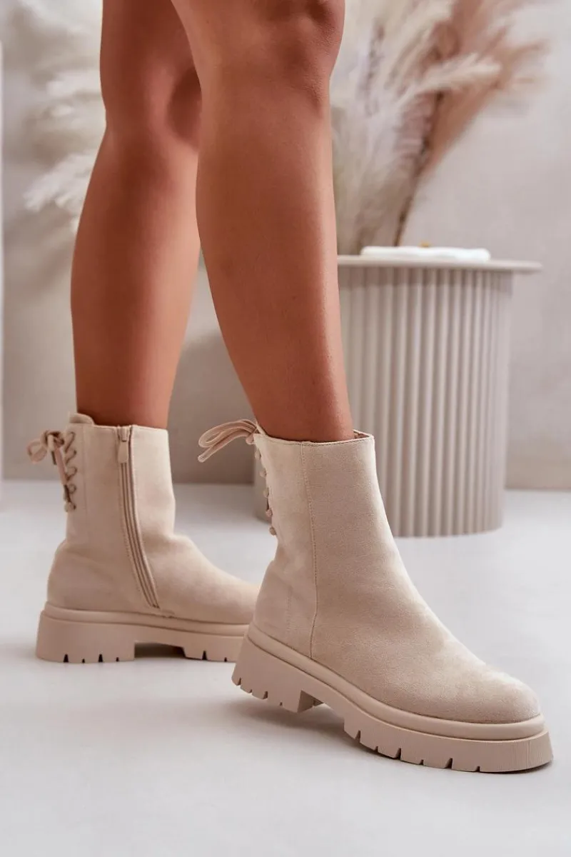 Outlet Boto Zamszowe Botki Na Płaskim Obcasie Sznurowane Beżowe Lakyta
