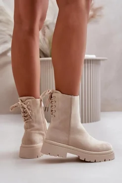 Outlet Boto Zamszowe Botki Na Płaskim Obcasie Sznurowane Beżowe Lakyta