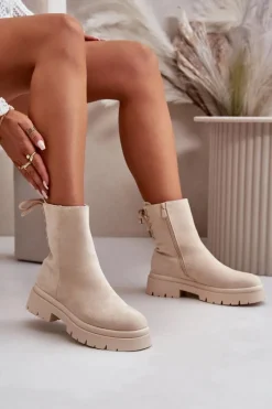 Outlet Boto Zamszowe Botki Na Płaskim Obcasie Sznurowane Beżowe Lakyta