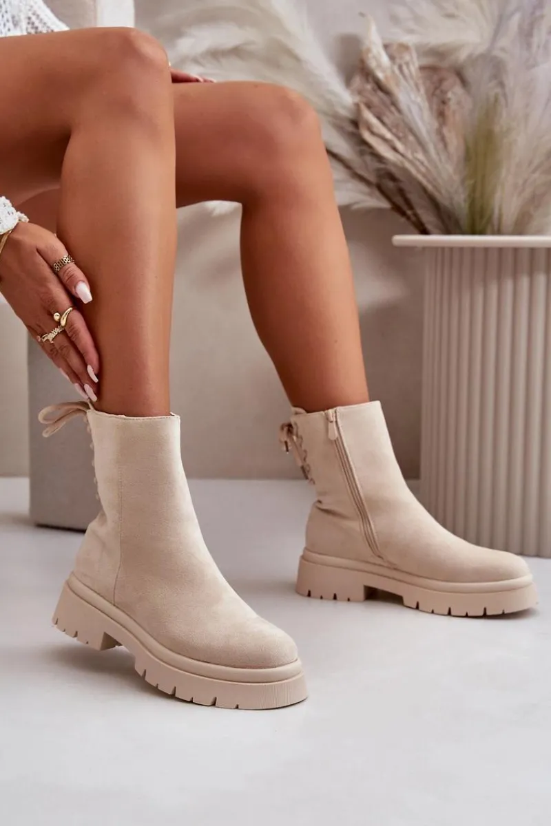 Outlet Boto Zamszowe Botki Na Płaskim Obcasie Sznurowane Beżowe Lakyta