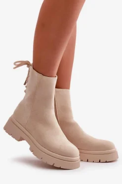 Outlet Boto Zamszowe Botki Na Płaskim Obcasie Sznurowane Beżowe Lakyta