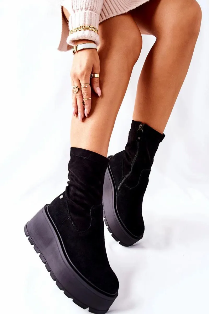 Botki Maciejka|Czarne Botki>Maciejka Zamszowe Botki Na Platformie Czarne 05319-01