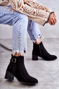 Hot Zamszowe Botki Na Słupku Czarne Vannes Damskie Botki Na Słupku|Czarne Botki