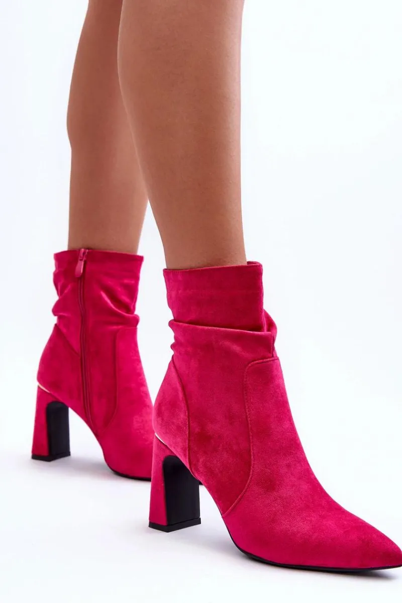 Hot Zamszowe Botki Na Słupku Fuksja Mellamene Damskie Botki Wiosenne|Botki Na Słupku