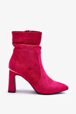 Hot Zamszowe Botki Na Słupku Fuksja Mellamene Damskie Botki Wiosenne|Botki Na Słupku
