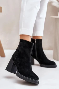 New Zamszowe Botki Na Słupku Ocieplane D&A CR42-106 Czarne Damskie Botki Ocieplane|Botki Na Słupku