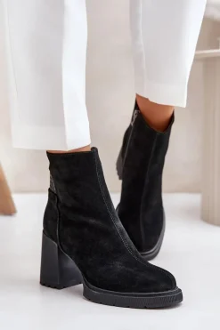 New Zamszowe Botki Na Słupku Ocieplane D&A CR42-106 Czarne Damskie Botki Ocieplane|Botki Na Słupku
