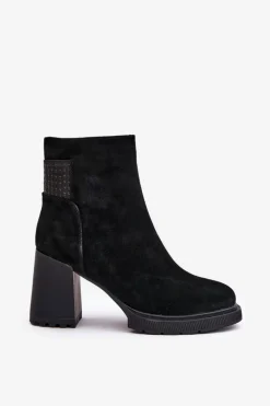 New Zamszowe Botki Na Słupku Ocieplane D&A CR42-106 Czarne Damskie Botki Ocieplane|Botki Na Słupku