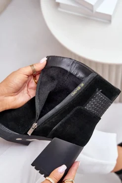 New Zamszowe Botki Na Słupku Ocieplane D&A CR42-106 Czarne Damskie Botki Ocieplane|Botki Na Słupku