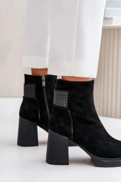 New Zamszowe Botki Na Słupku Ocieplane D&A CR42-106 Czarne Damskie Botki Ocieplane|Botki Na Słupku