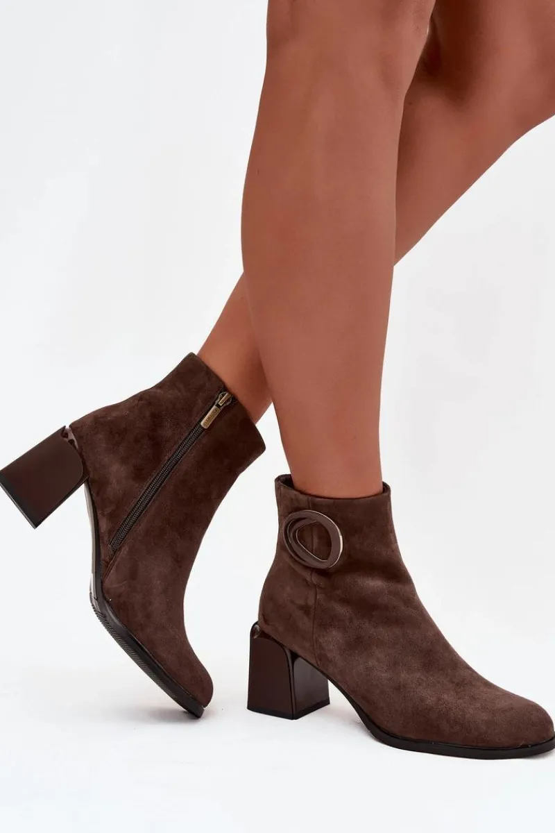 Online Zamszowe Botki Na Słupku Ocieplane Z Ozdobnym Detalem 57C0017 Brązowe Damskie Botki Ocieplane|Botki Skórzane