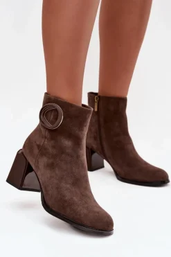 Online Zamszowe Botki Na Słupku Ocieplane Z Ozdobnym Detalem 57C0017 Brązowe Damskie Botki Ocieplane|Botki Skórzane
