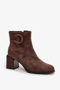 Online Zamszowe Botki Na Słupku Ocieplane Z Ozdobnym Detalem 57C0017 Brązowe Damskie Botki Ocieplane|Botki Skórzane