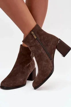Online Zamszowe Botki Na Słupku Ocieplane Z Ozdobnym Detalem 57C0017 Brązowe Damskie Botki Ocieplane|Botki Skórzane