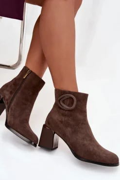 Online Zamszowe Botki Na Słupku Ocieplane Z Ozdobnym Detalem 57C0017 Brązowe Damskie Botki Ocieplane|Botki Skórzane