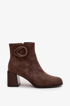 Online Zamszowe Botki Na Słupku Ocieplane Z Ozdobnym Detalem 57C0017 Brązowe Damskie Botki Ocieplane|Botki Skórzane