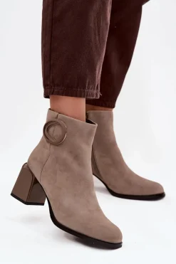 Outlet Zamszowe Botki Na Słupku Ocieplane Z Ozdobnym Detalem 57C0014 Beżowe Damskie Botki Ocieplane|Botki Skórzane