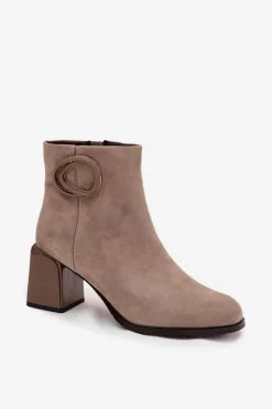 Outlet Zamszowe Botki Na Słupku Ocieplane Z Ozdobnym Detalem 57C0014 Beżowe Damskie Botki Ocieplane|Botki Skórzane