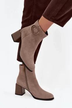 Outlet Zamszowe Botki Na Słupku Ocieplane Z Ozdobnym Detalem 57C0014 Beżowe Damskie Botki Ocieplane|Botki Skórzane