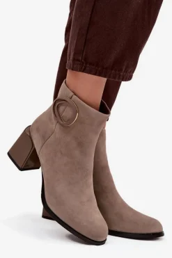 Outlet Zamszowe Botki Na Słupku Ocieplane Z Ozdobnym Detalem 57C0014 Beżowe Damskie Botki Ocieplane|Botki Skórzane