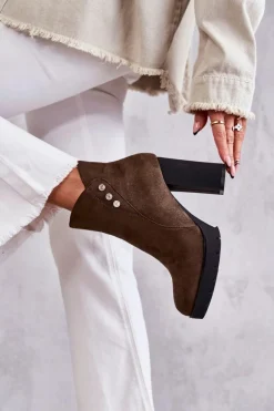 Zamszowe Botki Na Słupku Zielone Lagerlla Damskie Botki Na Słupku|Botki Na Obcasie