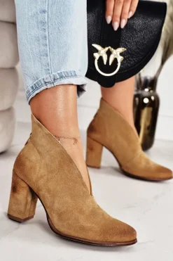 New Zamszowe Botki Na Słupku Z Wycięciem Exquisite 1231 Rude Damskie Botki Wiosenne|Botki Na Słupku