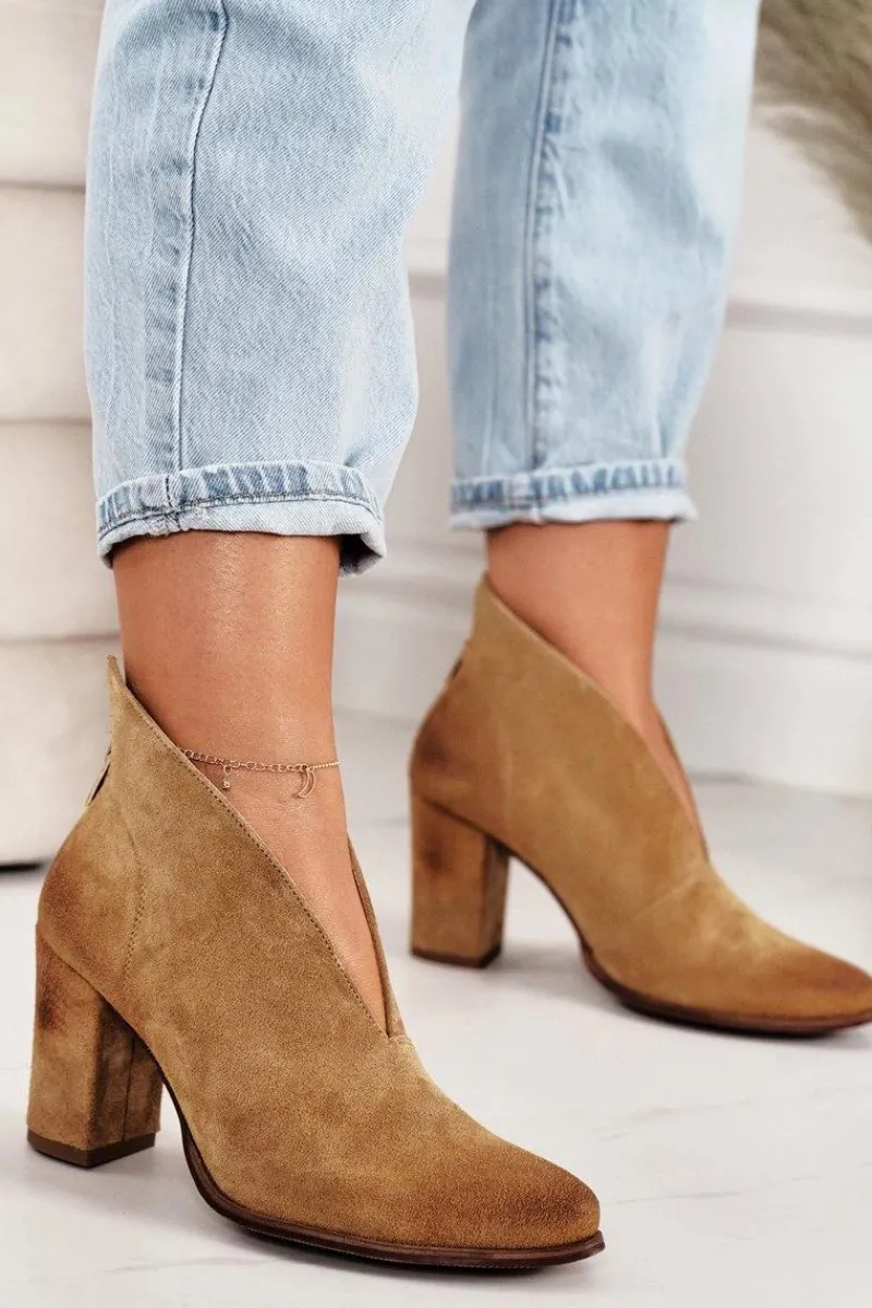 New Zamszowe Botki Na Słupku Z Wycięciem Exquisite 1231 Rude Damskie Botki Wiosenne|Botki Na Słupku
