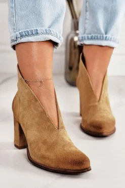 New Zamszowe Botki Na Słupku Z Wycięciem Exquisite 1231 Rude Damskie Botki Wiosenne|Botki Na Słupku
