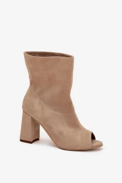 Outlet Zamszowe Botki Na Słupku Z Odkrytymi Palcami Zazoo 3830 Beżowe Damskie Botki Na Słupku|Brązowe I Beżowe Botki