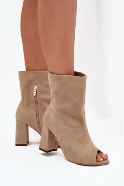 Outlet Zamszowe Botki Na Słupku Z Odkrytymi Palcami Zazoo 3830 Beżowe Damskie Botki Na Słupku|Brązowe I Beżowe Botki