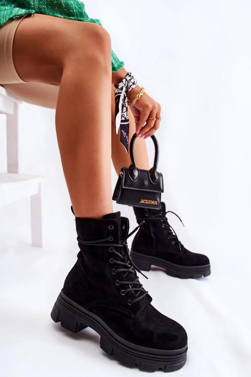 New Zamszowe Botki Na Suwak Czarne Marley Damskie Botki Sznurowane|Czarne Botki