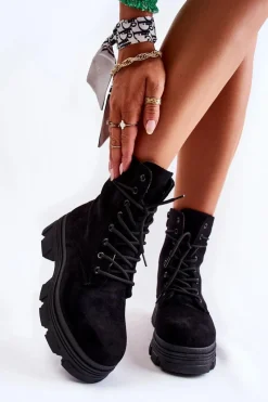 New Zamszowe Botki Na Suwak Czarne Marley Damskie Botki Sznurowane|Czarne Botki