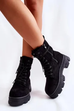 New Zamszowe Botki Na Suwak Czarne Marley Damskie Botki Sznurowane|Czarne Botki