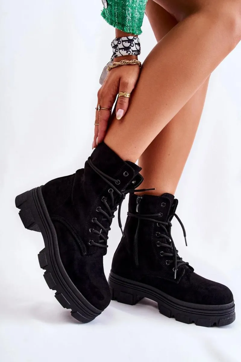 New Zamszowe Botki Na Suwak Czarne Marley Damskie Botki Sznurowane|Czarne Botki