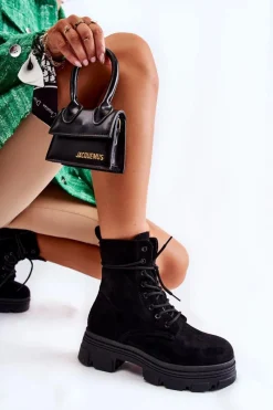 New Zamszowe Botki Na Suwak Czarne Marley Damskie Botki Sznurowane|Czarne Botki