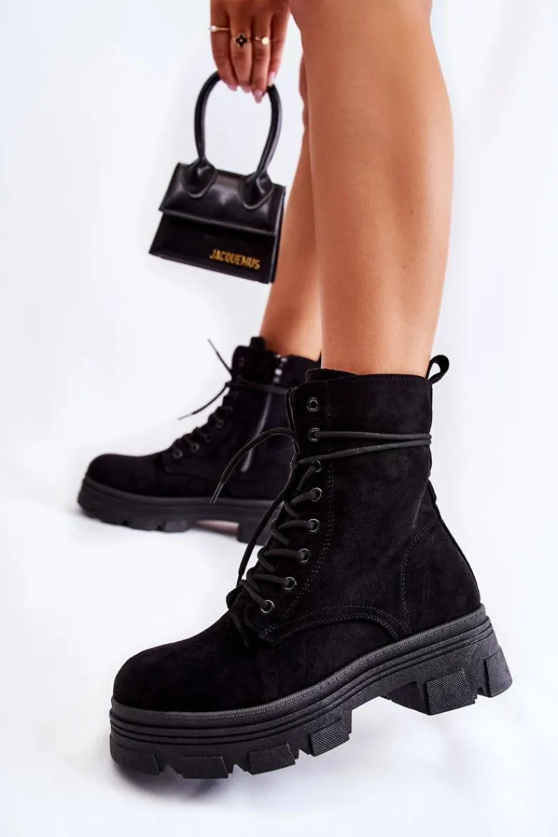 New Zamszowe Botki Na Suwak Czarne Marley Damskie Botki Sznurowane|Czarne Botki