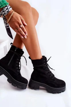 New Zamszowe Botki Na Suwak Czarne Marley Damskie Botki Sznurowane|Czarne Botki
