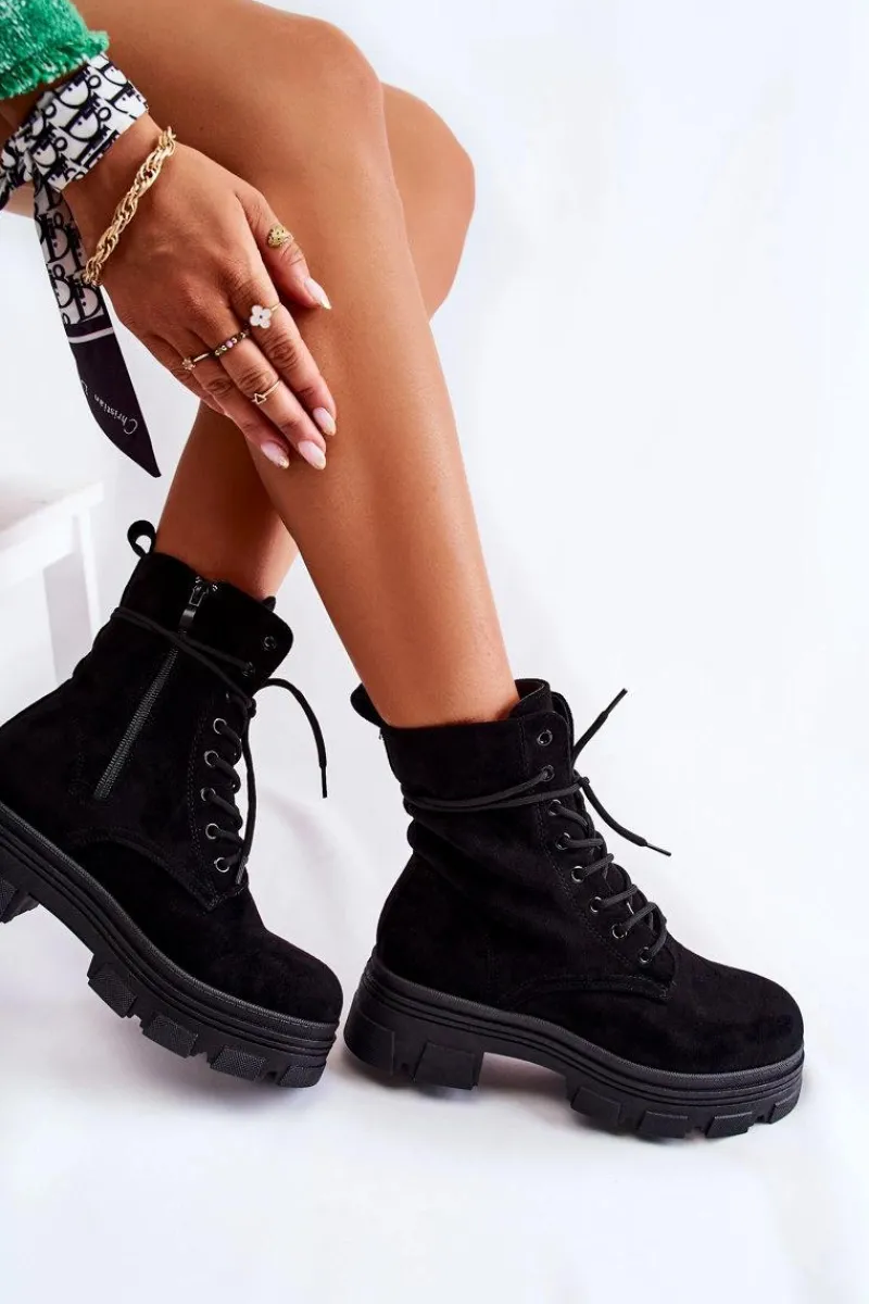 New Zamszowe Botki Na Suwak Czarne Marley Damskie Botki Sznurowane|Czarne Botki