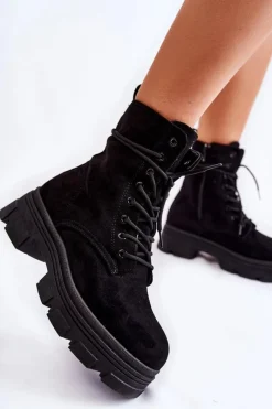New Zamszowe Botki Na Suwak Czarne Marley Damskie Botki Sznurowane|Czarne Botki