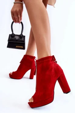 Sale Zamszowe Botki Na Suwak Czerwone Donnita Damskie Botki Sznurowane|Botki Na Słupku