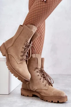 Discount Zamszowe Botki Na Suwak Nicole 2754 Beżowe Damskie Botki Wiosenne|Botki Sznurowane