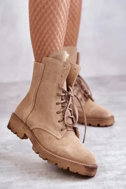 Discount Zamszowe Botki Na Suwak Nicole 2754 Beżowe Damskie Botki Wiosenne|Botki Sznurowane