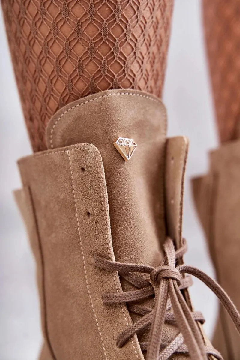 Discount Zamszowe Botki Na Suwak Nicole 2754 Beżowe Damskie Botki Wiosenne|Botki Sznurowane