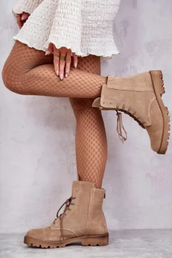 Discount Zamszowe Botki Na Suwak Nicole 2754 Beżowe Damskie Botki Wiosenne|Botki Sznurowane