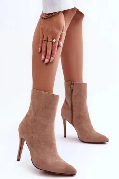 Discount Zamszowe Botki Na Szpilce Beżowe Eberpia Damskie Brązowe I Beżowe Botki|Botki Na Obcasie