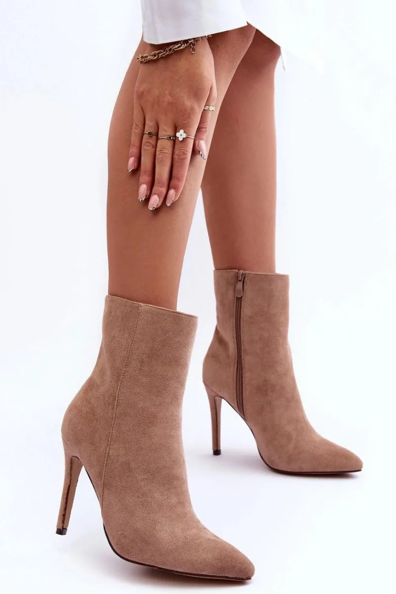 Discount Zamszowe Botki Na Szpilce Beżowe Eberpia Damskie Brązowe I Beżowe Botki|Botki Na Obcasie