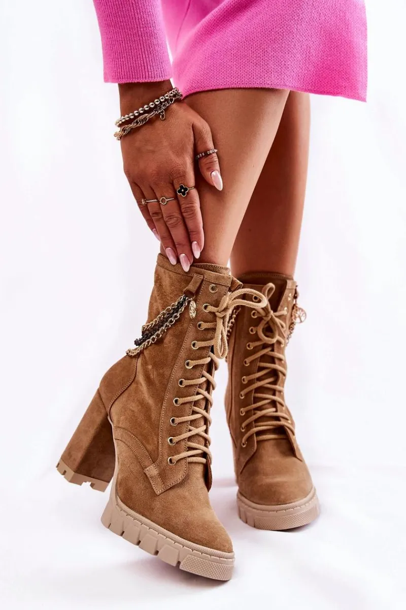 Clearance Zamszowe Botki Sznurowane Lewski Shoes 3244/G Beżowe Damskie Botki Wiosenne|Botki Skórzane